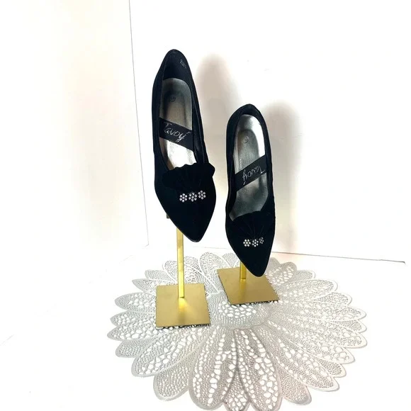 Vintage Tavoy Blk Velvet Rhinestone Pleated Fan Pointed Toe Stiletto Pumps Heel - Picture 5 of 10